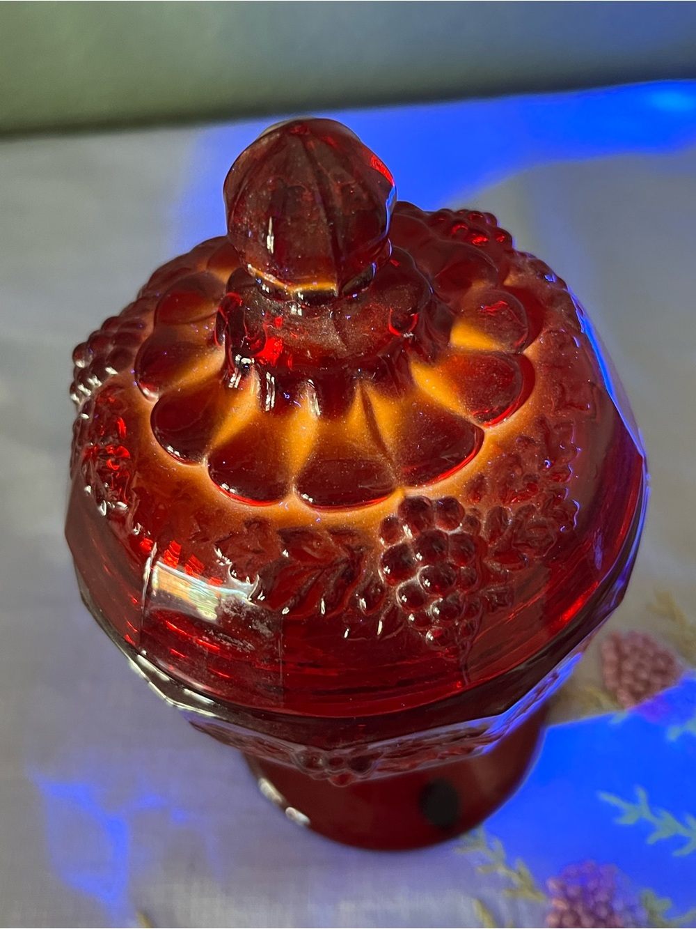 Vintage L.G. Wright Ruby Red Panel Grape Pedestal Candy Dish Compote Amberina